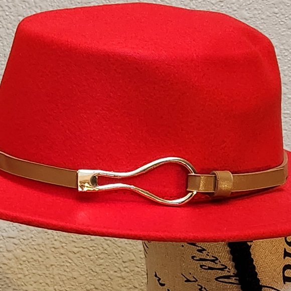 Womens Vintage Red Felt Fedora Buckle Decor Vintage  - NEW - Picture 4 of 6